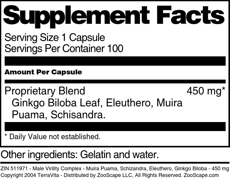 Male Virility Complex - Muira Puama, Schizandra, Eleuthero, Ginkgo Biloba - 450 mg - Supplement / Nutrition Facts