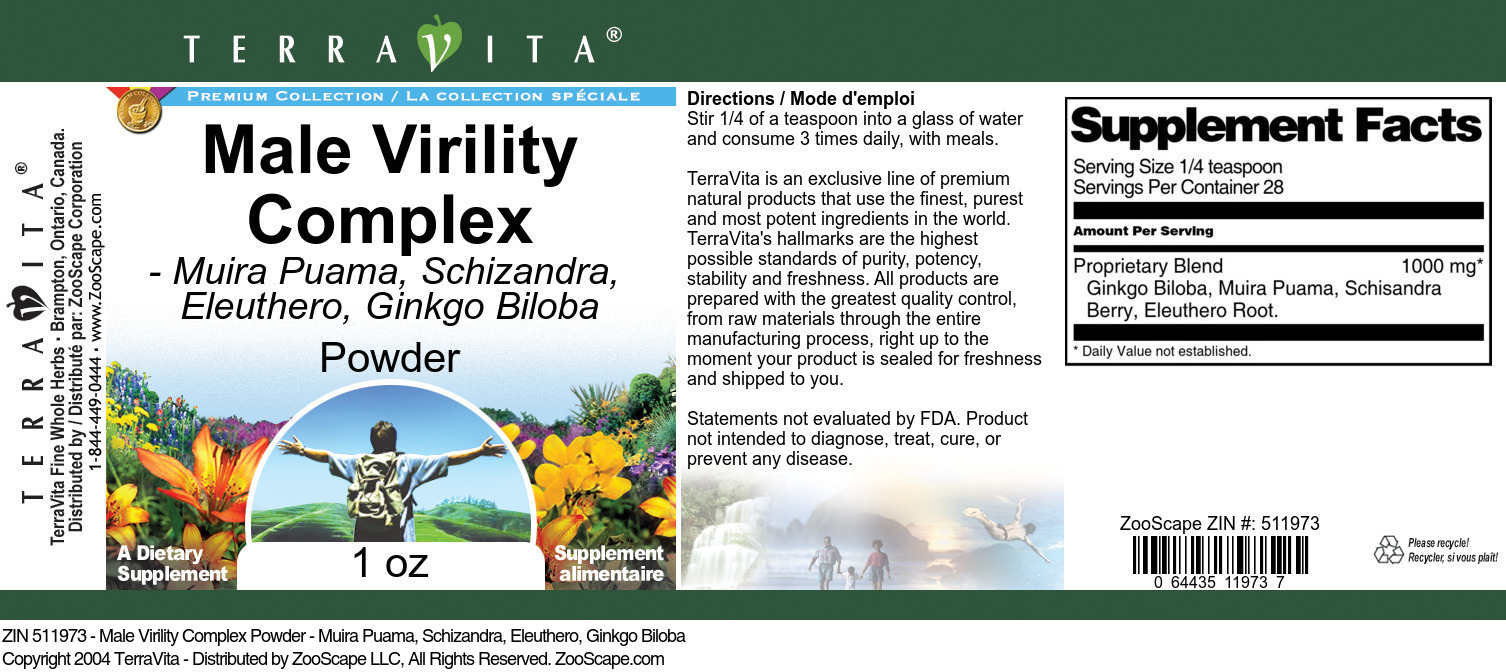 Male Virility Complex Powder - Muira Puama, Schizandra, Eleuthero, Ginkgo Biloba - Label