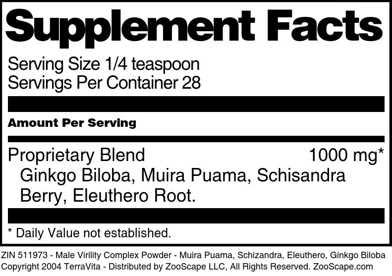 Male Virility Complex Powder - Muira Puama, Schizandra, Eleuthero, Ginkgo Biloba - Supplement / Nutrition Facts