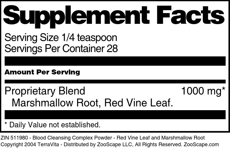 Blood Cleansing Complex Powder - Red Vine Leaf and Marshmallow Root - Supplement / Nutrition Facts