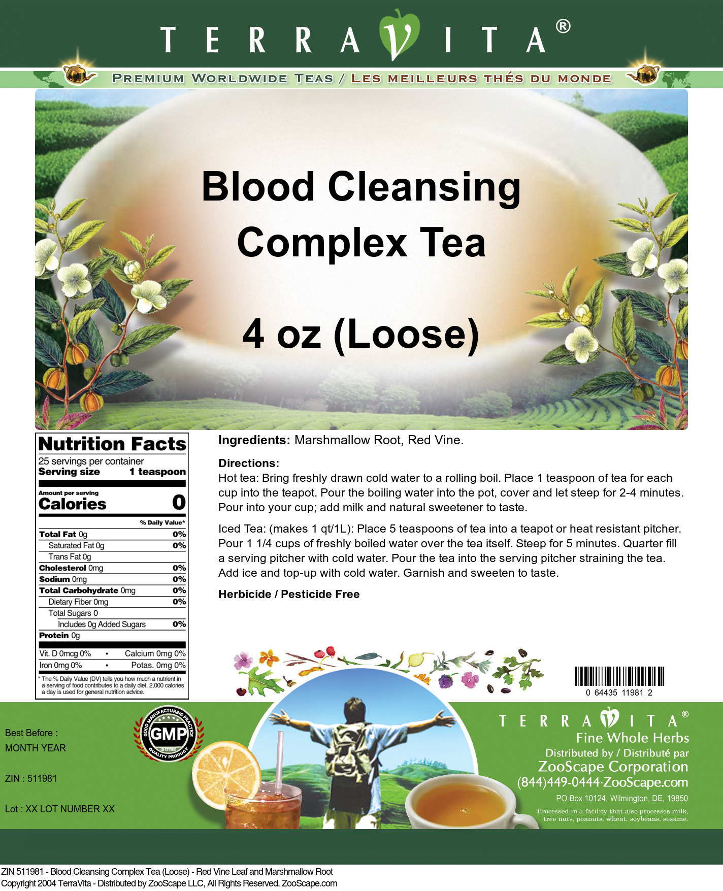Blood Cleansing Complex Tea (Loose) - Red Vine Leaf and Marshmallow Root - Label
