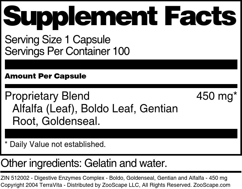 Digestive Enzymes Complex - Boldo, Goldenseal, Gentian and Alfalfa - 450 mg - Supplement / Nutrition Facts