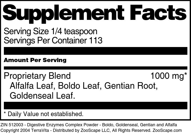 Digestive Enzymes Complex Powder - Boldo, Goldenseal, Gentian and Alfalfa - Supplement / Nutrition Facts