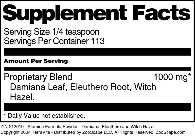 Stamina Formula Powder - Damiana, Eleuthero and Witch Hazel - Supplement / Nutrition Facts