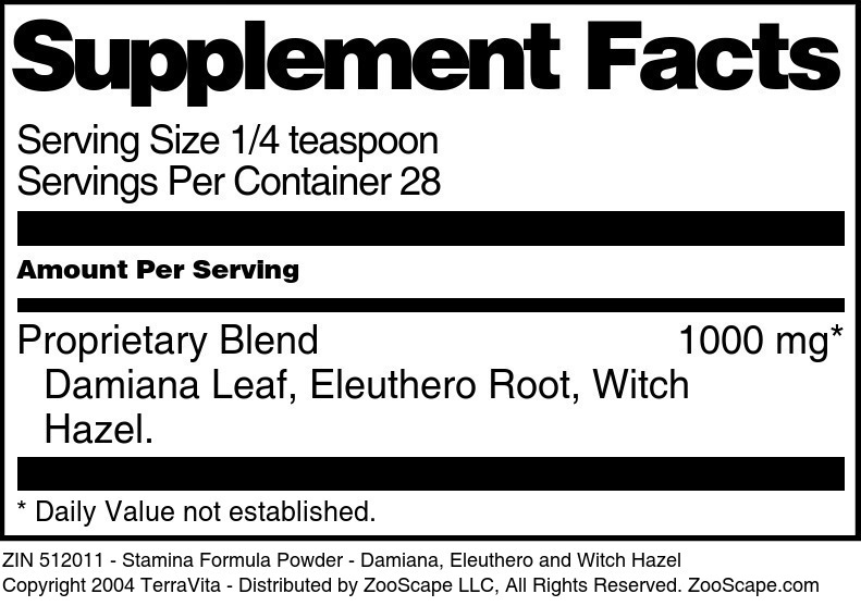 Stamina Formula Powder - Damiana, Eleuthero and Witch Hazel - Supplement / Nutrition Facts