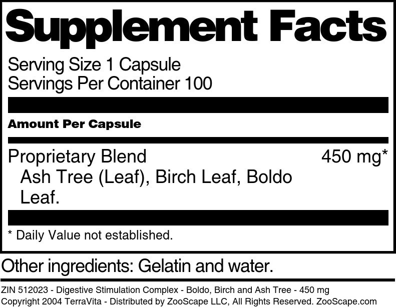 Digestive Stimulation Complex - Boldo, Birch and Ash Tree - 450 mg - Supplement / Nutrition Facts