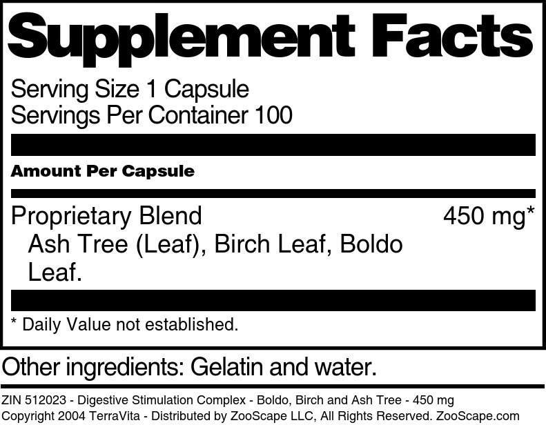 Digestive Stimulation Complex - Boldo, Birch and Ash Tree - 450 mg - Supplement / Nutrition Facts