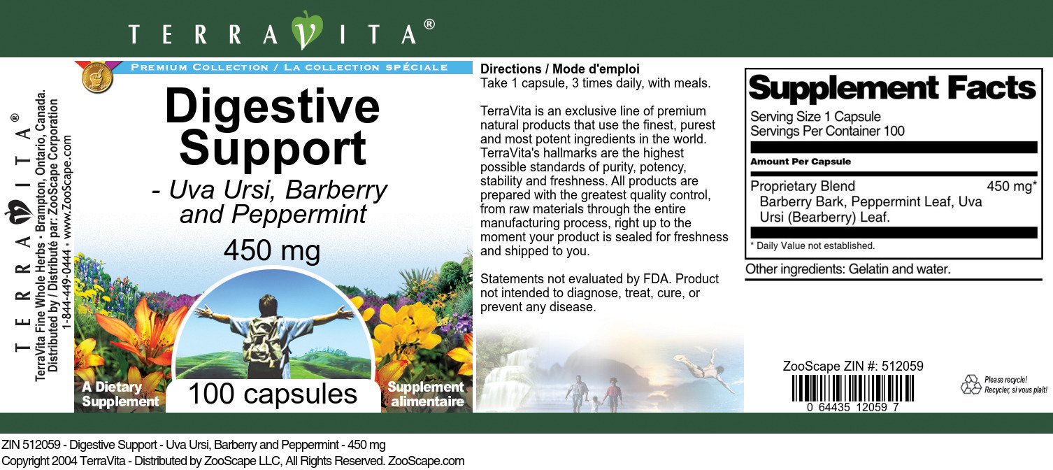Digestive Support - Uva Ursi, Barberry and Peppermint - 450 mg - Label