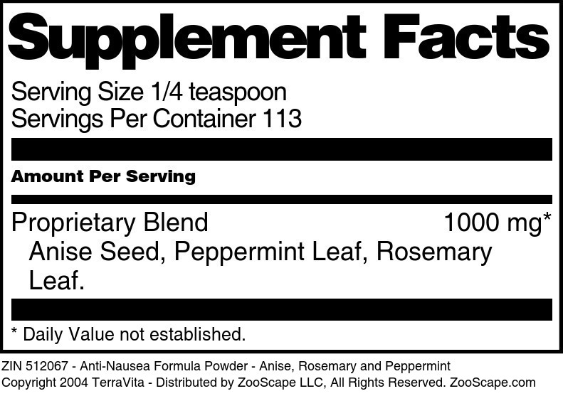 Anti-Nausea Formula Powder - Anise, Rosemary and Peppermint - Supplement / Nutrition Facts