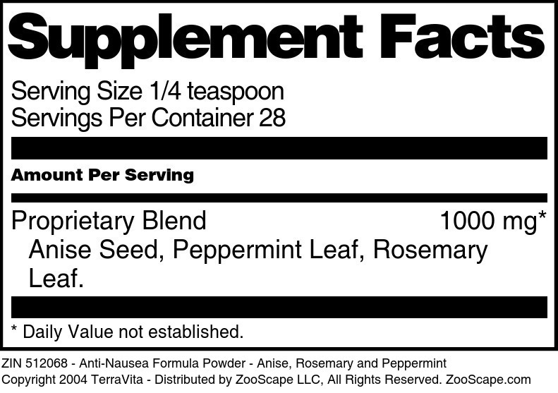 Anti-Nausea Formula Powder - Anise, Rosemary and Peppermint - Supplement / Nutrition Facts