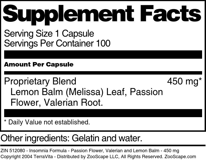 Insomnia Formula - Passion Flower, Valerian and Lemon Balm - 450 mg - Supplement / Nutrition Facts