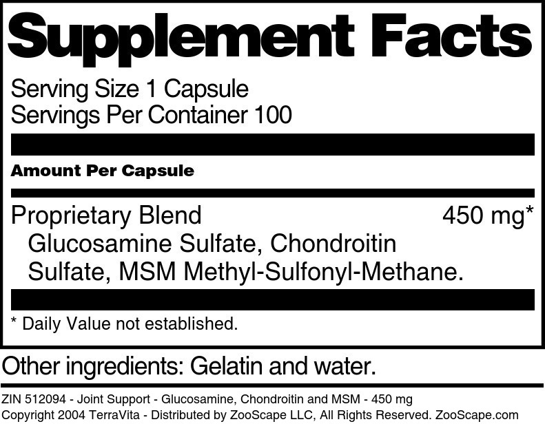 Joint Support - Glucosamine, Chondroitin and MSM - 450 mg - Supplement / Nutrition Facts