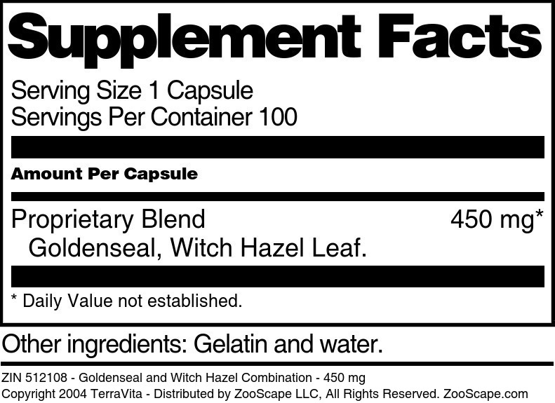 Goldenseal and Witch Hazel Combination - 450 mg - Supplement / Nutrition Facts
