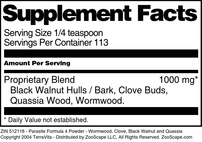 Parasite Formula 4 Powder - Wormwood, Clove, Black Walnut and Quassia - Supplement / Nutrition Facts
