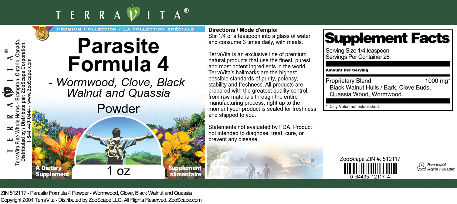 Parasite Formula 4 Powder - Wormwood, Clove, Black Walnut and Quassia - Label