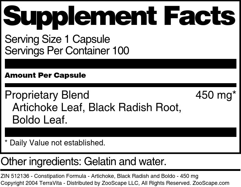 Constipation Formula - Artichoke, Black Radish and Boldo - 450 mg - Supplement / Nutrition Facts