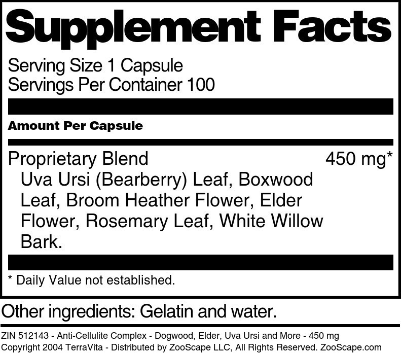 Anti-Cellulite Complex - Dogwood, Elder, Uva Ursi and More - 450 mg - Supplement / Nutrition Facts