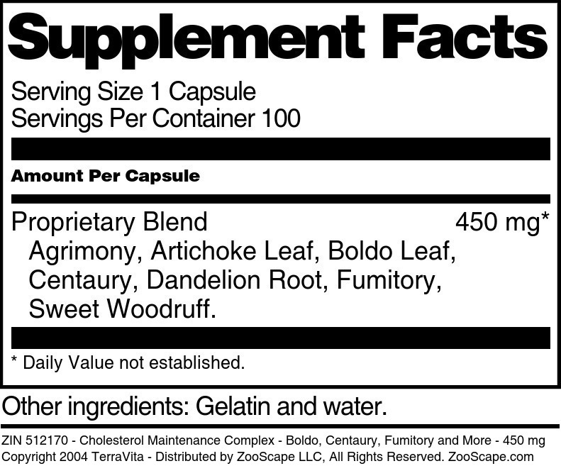 Cholesterol Maintenance Complex - Boldo, Centaury, Fumitory and More - 450 mg - Supplement / Nutrition Facts