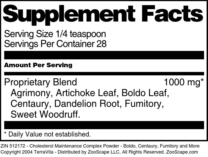 Cholesterol Maintenance Complex Powder - Boldo, Centaury, Fumitory and More - Supplement / Nutrition Facts