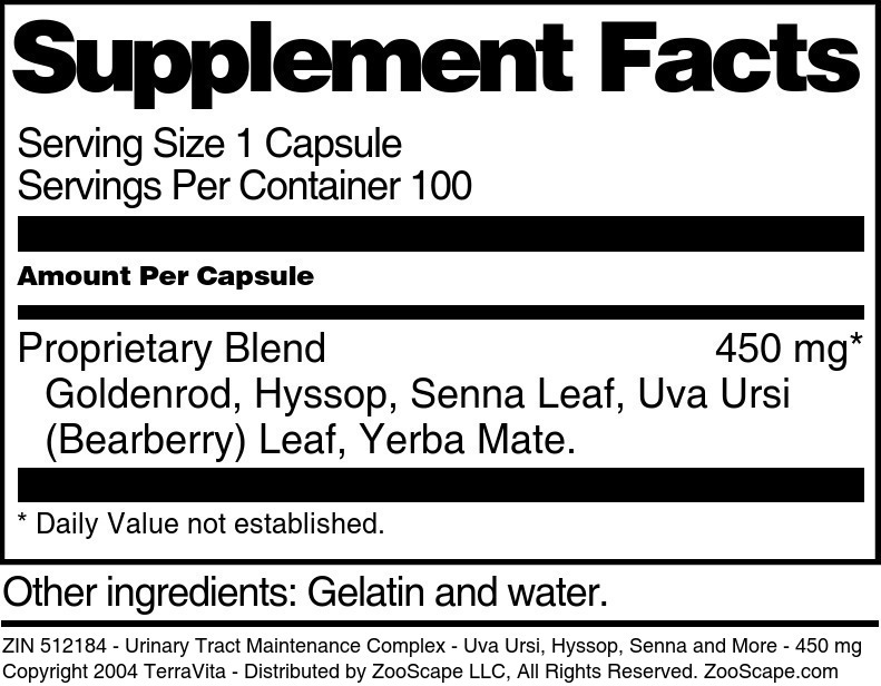 Urinary Tract Maintenance Complex - Uva Ursi, Hyssop, Senna and More - 450 mg - Supplement / Nutrition Facts