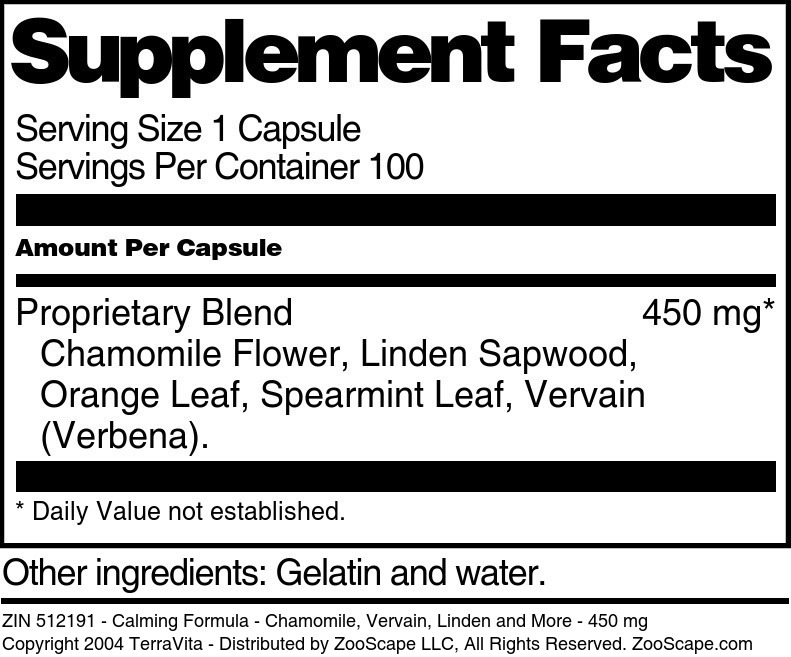 Calming Formula - Chamomile, Vervain, Linden and More - 450 mg - Supplement / Nutrition Facts