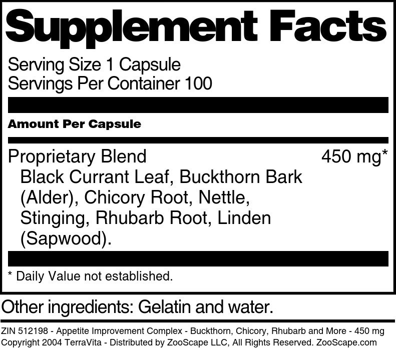 Appetite Improvement Complex - Buckthorn, Chicory, Rhubarb and More - 450 mg - Supplement / Nutrition Facts