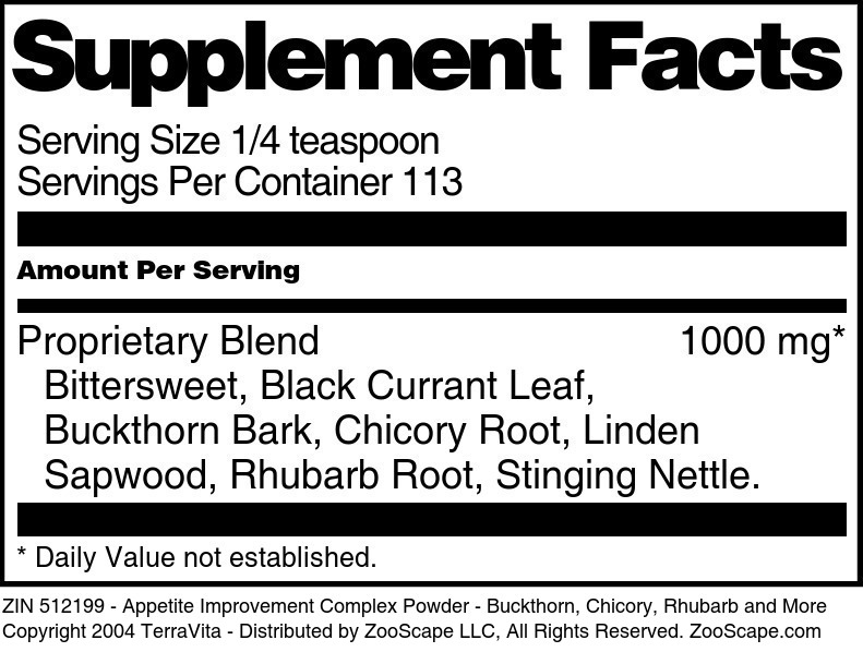 Appetite Improvement Complex Powder - Buckthorn, Chicory, Rhubarb and More - Supplement / Nutrition Facts