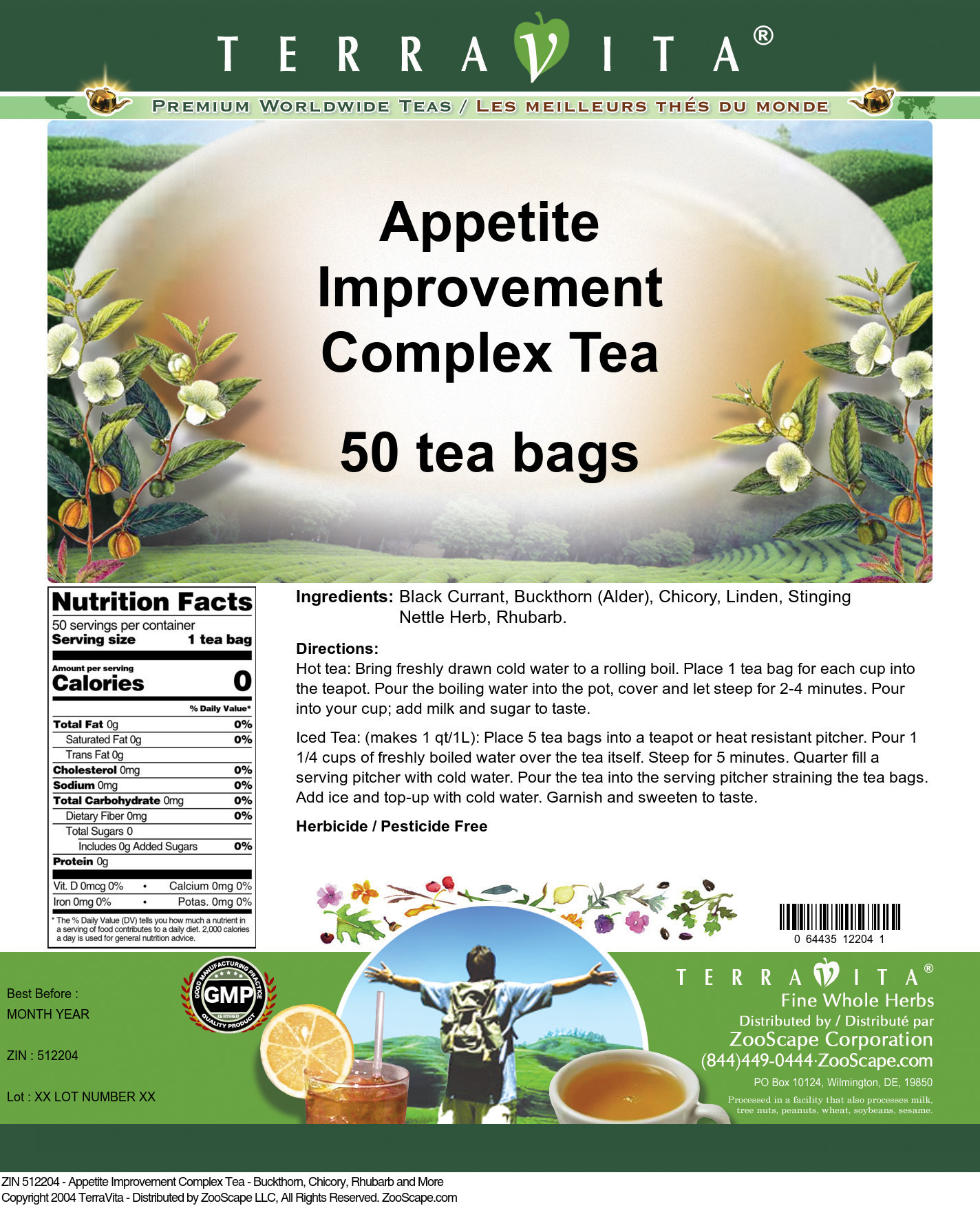 Appetite Improvement Complex Tea - Buckthorn, Chicory, Rhubarb and More - Label