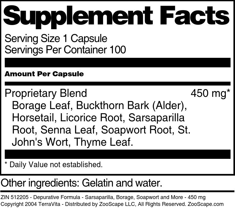 Depurative Formula - Sarsaparilla, Borage, Soapwort and More - 450 mg - Supplement / Nutrition Facts