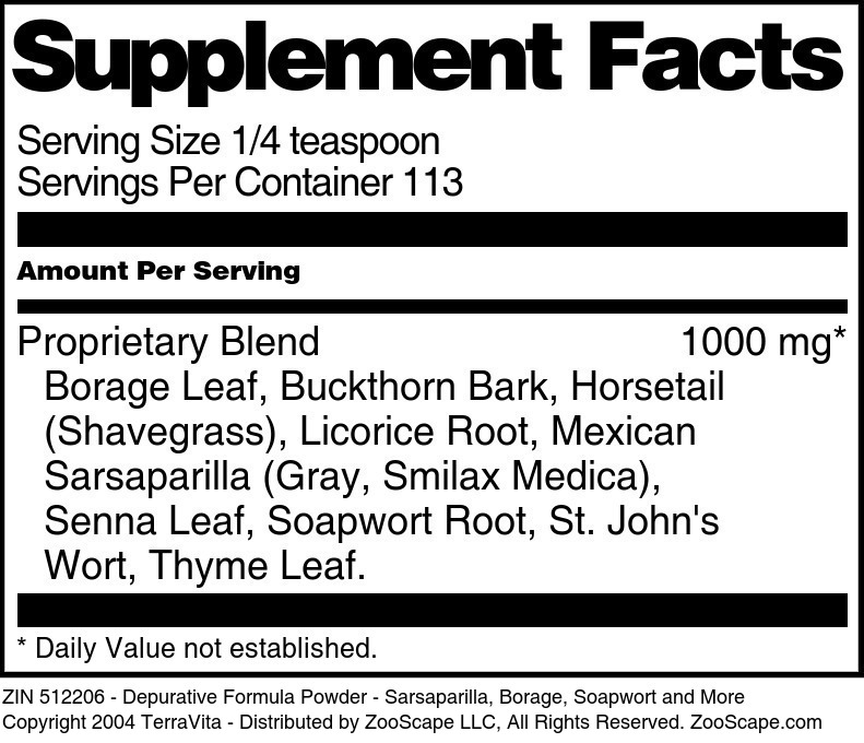 Depurative Formula Powder - Sarsaparilla, Borage, Soapwort and More - Supplement / Nutrition Facts