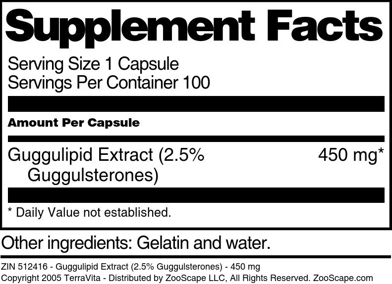Guggulipid Extract (2.5% Guggulsterones) - 450 mg - Supplement / Nutrition Facts