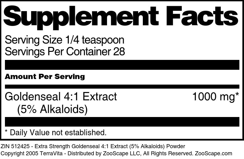 Extra Strength Goldenseal 4:1 Extract (5% Alkaloids) Powder - Supplement / Nutrition Facts