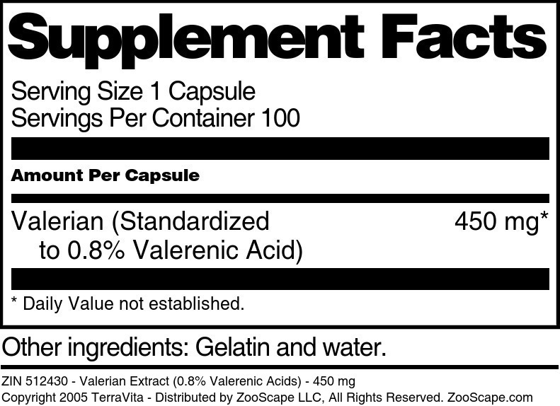 Valerian Extract (0.8% Valerenic Acids) - 450 mg - Supplement / Nutrition Facts