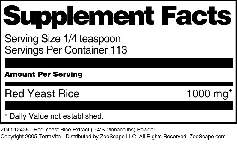 Red Yeast Rice Extract (0.4% Monacolins) Powder - Supplement / Nutrition Facts