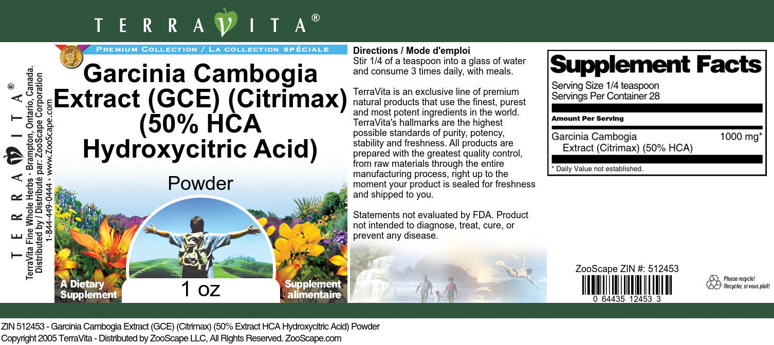 Garcinia Cambogia Extract (GCE) (Citrimax) (50% HCA Hydroxycitric Acid) Powder - Label