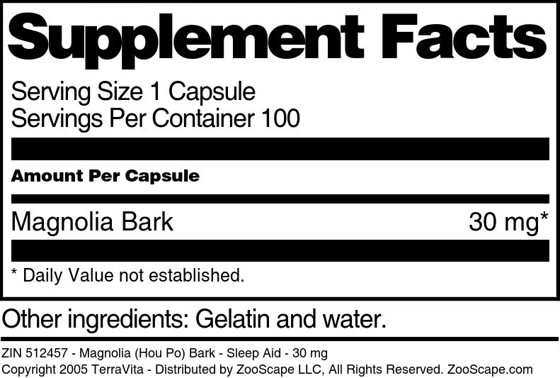 Magnolia (Hou Po) Bark - Sleep Aid - 30 mg - Supplement / Nutrition Facts