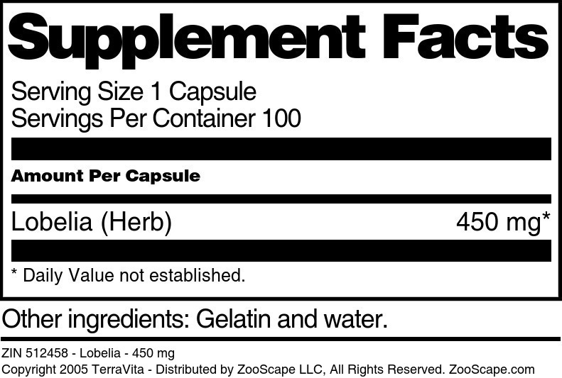 Lobelia - 450 mg - Supplement / Nutrition Facts