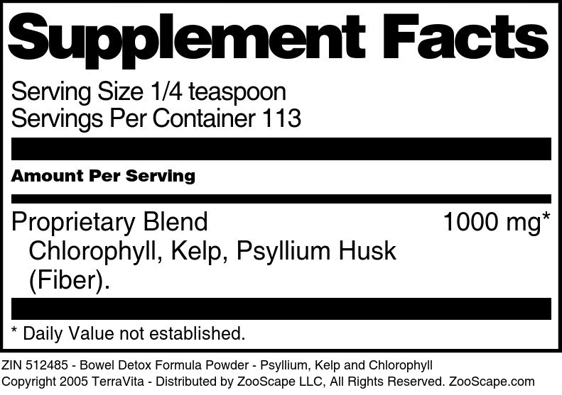 Bowel Detox Formula Powder - Psyllium, Kelp and Chlorophyll - Supplement / Nutrition Facts