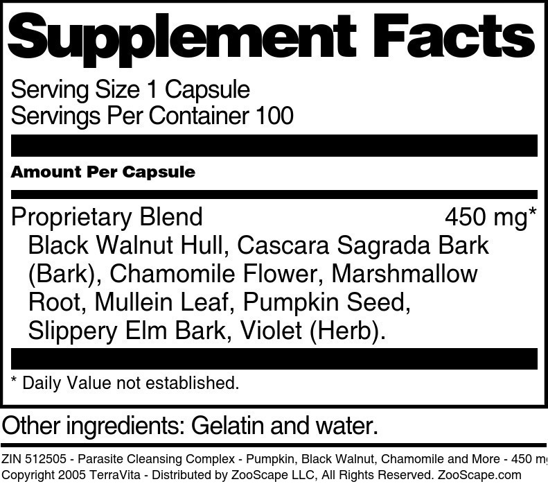 Parasite Cleansing Complex - Pumpkin, Black Walnut, Chamomile and More - 450 mg - Supplement / Nutrition Facts