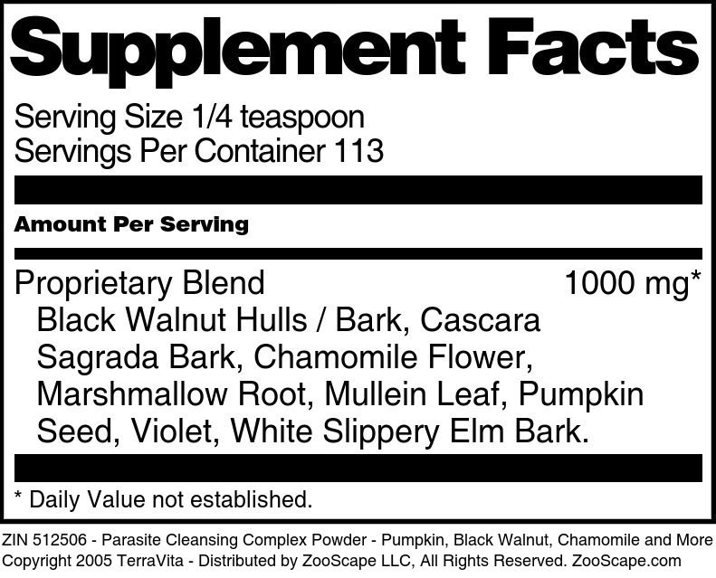 Parasite Cleansing Complex Powder - Pumpkin, Black Walnut, Chamomile and More - Supplement / Nutrition Facts