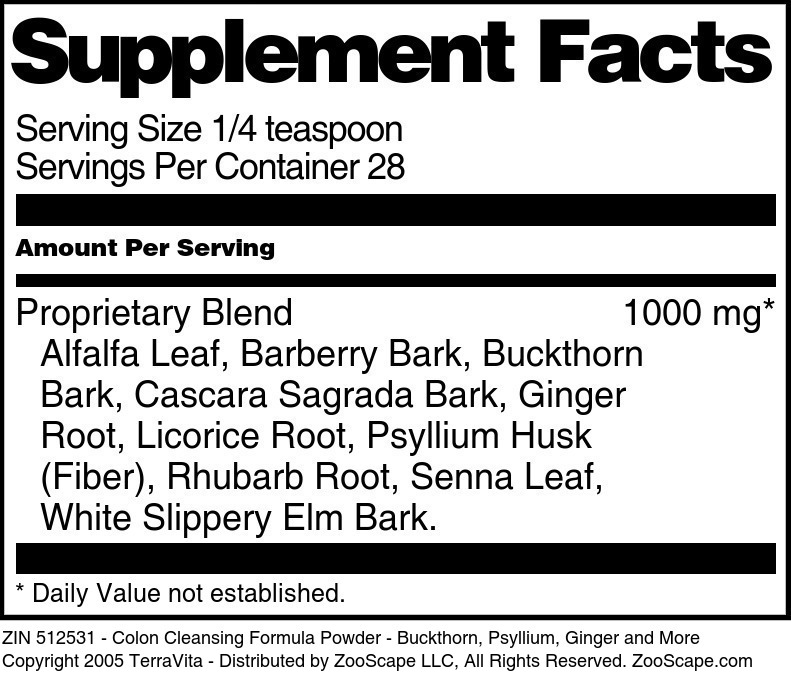 Colon Cleansing Formula Powder - Buckthorn, Psyllium, Ginger and More - Supplement / Nutrition Facts