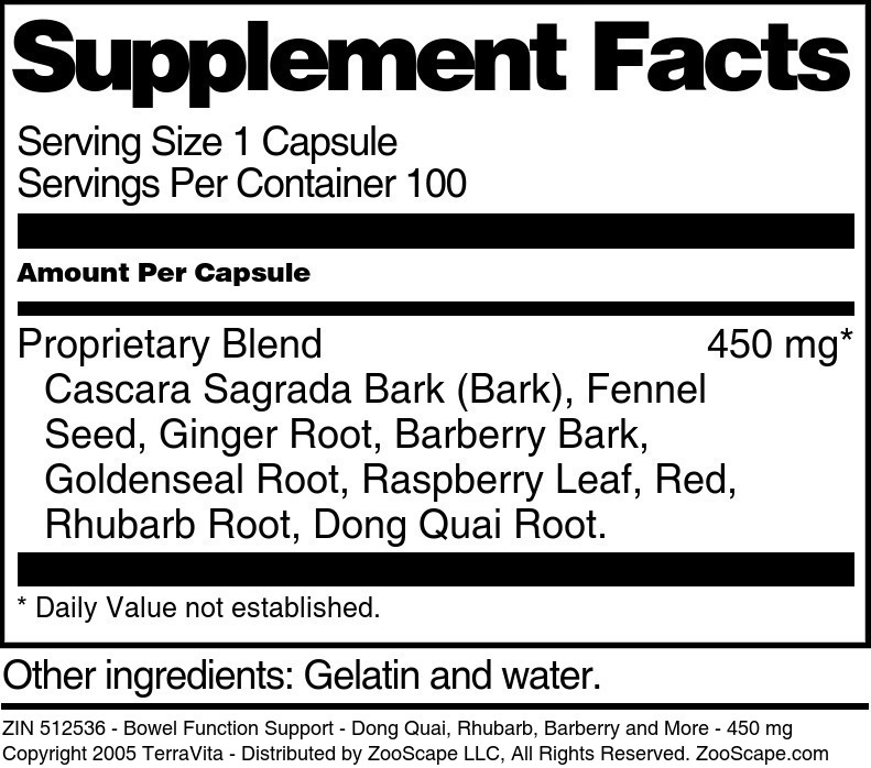 Bowel Function Support - Dong Quai, Rhubarb, Barberry and More - 450 mg - Supplement / Nutrition Facts