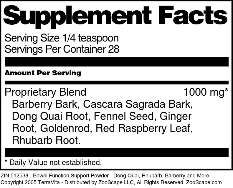 Bowel Function Support Powder - Dong Quai, Rhubarb, Barberry and More - Supplement / Nutrition Facts
