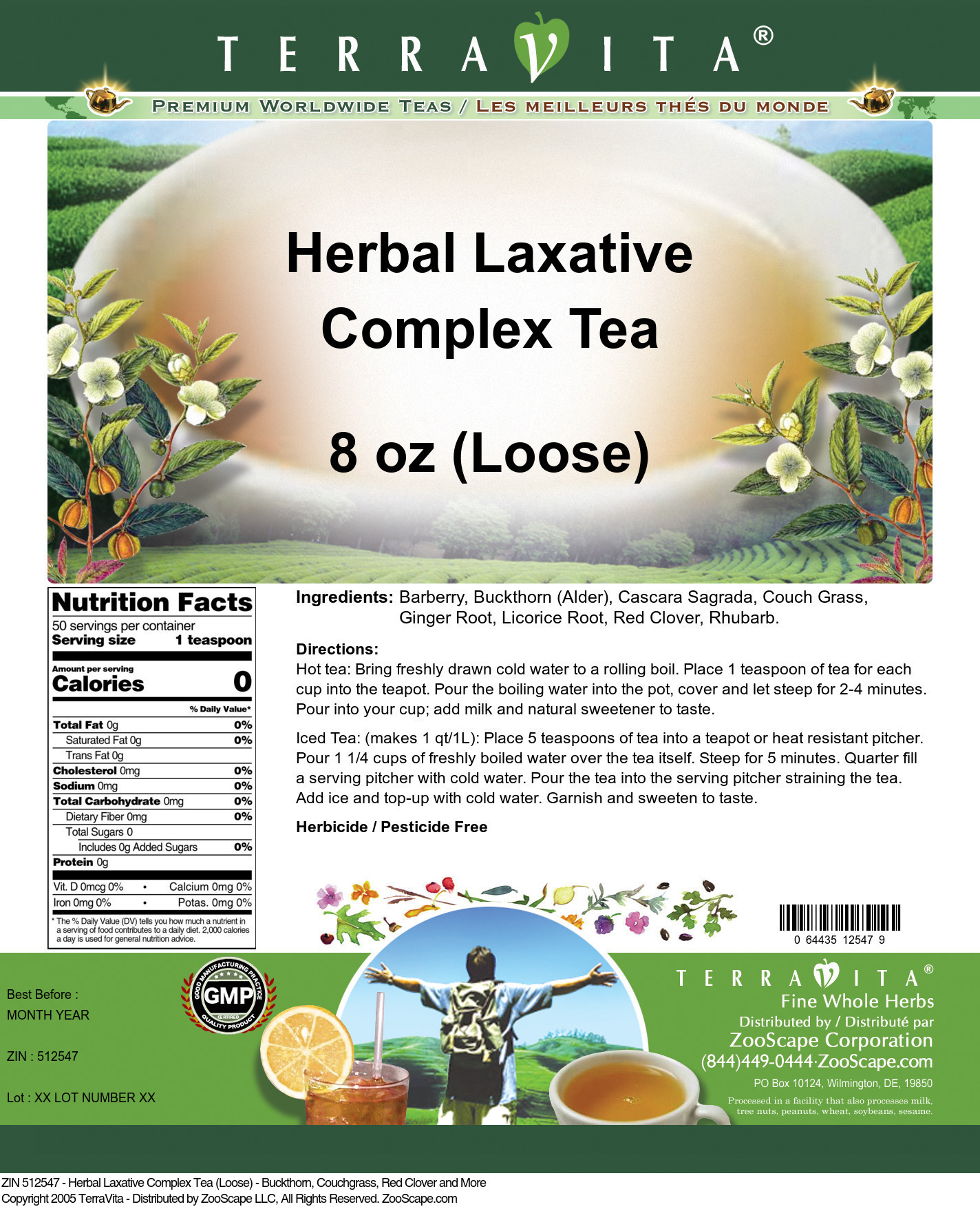 Herbal Laxative Complex Tea (Loose) - Buckthorn, Couchgrass, Red Clover and More - Label
