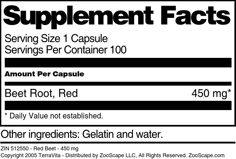 Red Beet - 450 mg - Supplement / Nutrition Facts
