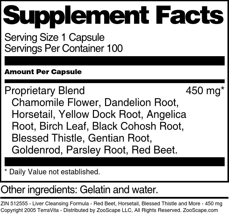 Liver Cleansing Formula - Red Beet, Horsetail, Blessed Thistle and More - 450 mg - Supplement / Nutrition Facts