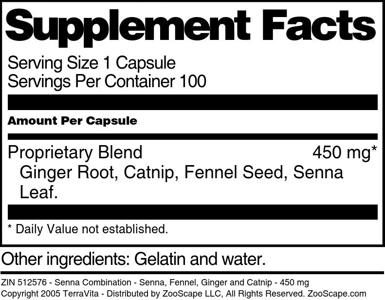 Senna Combination - Senna, Fennel, Ginger and Catnip - 450 mg - Supplement / Nutrition Facts