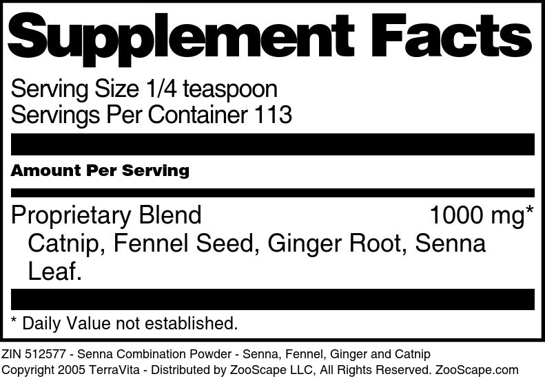 Senna Combination Powder - Senna, Fennel, Ginger and Catnip - Supplement / Nutrition Facts