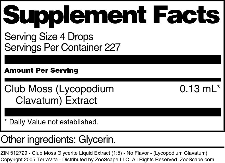 Club Moss Glycerite Liquid Extract (1:5) - (Lycopodium Clavatum) - Supplement / Nutrition Facts