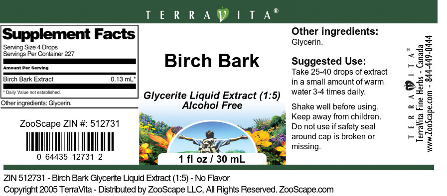 Birch Bark Glycerite Liquid Extract (1:5) - Label